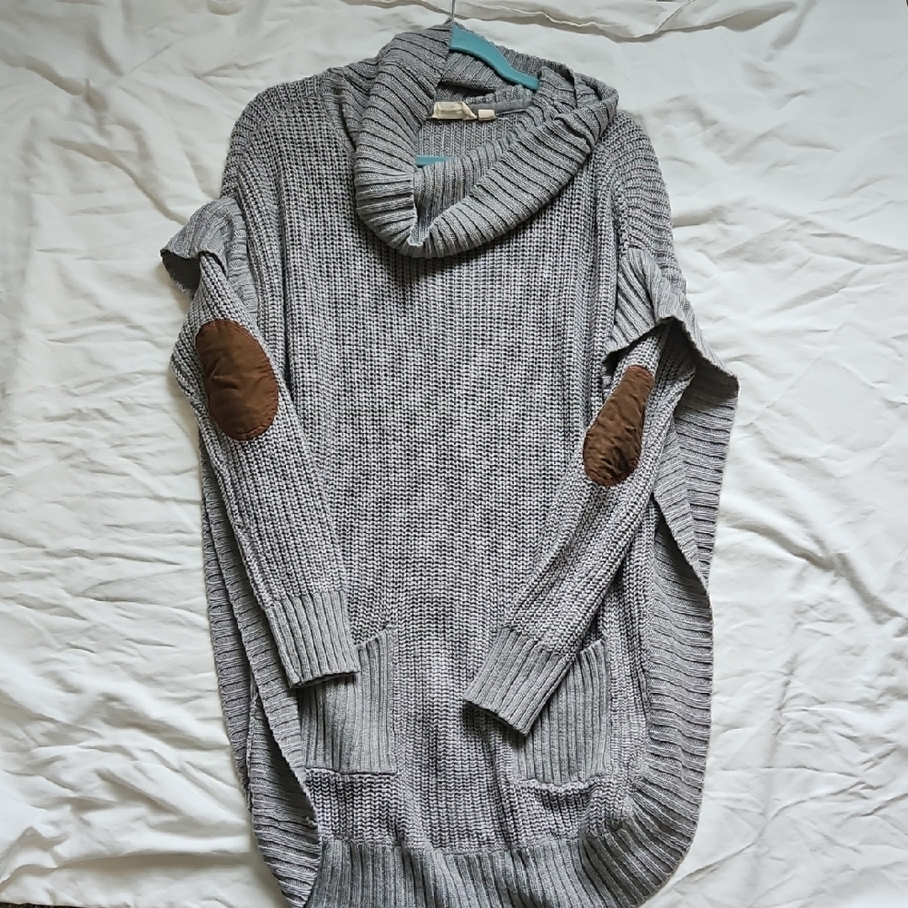 Retro Gray Cowl Neck Sweater with Brown Patches